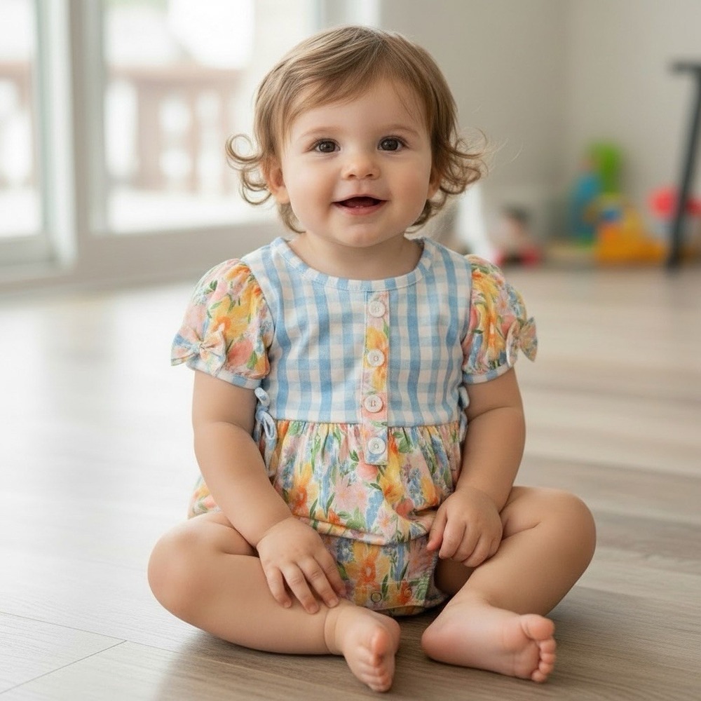 Boutique‎ Baby Girl Floral Gingham Bubble Romper 18M Blue Puff Sleeve Spring